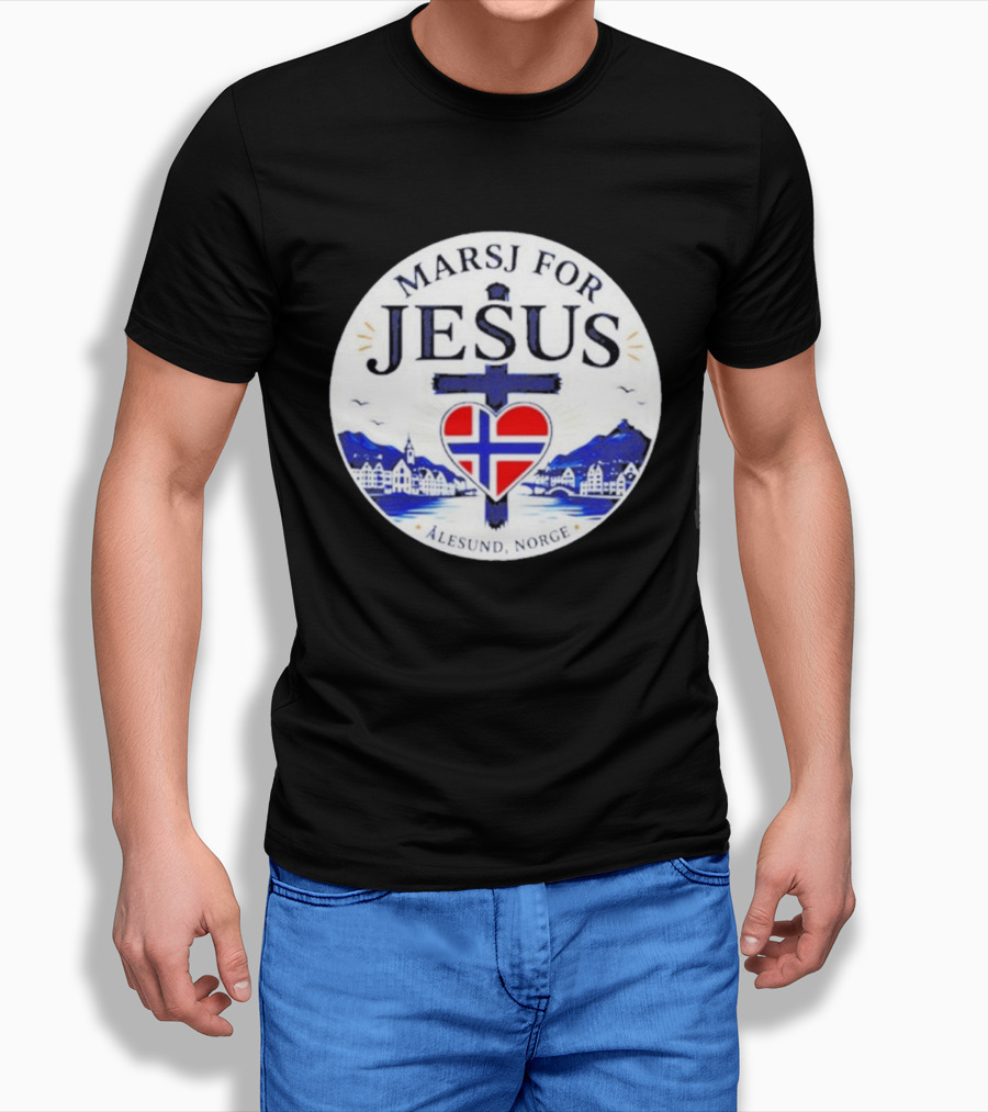 Marsj For Jesus Ålesund Norge Heart And Cross With Norwegian Flag T-Shirt