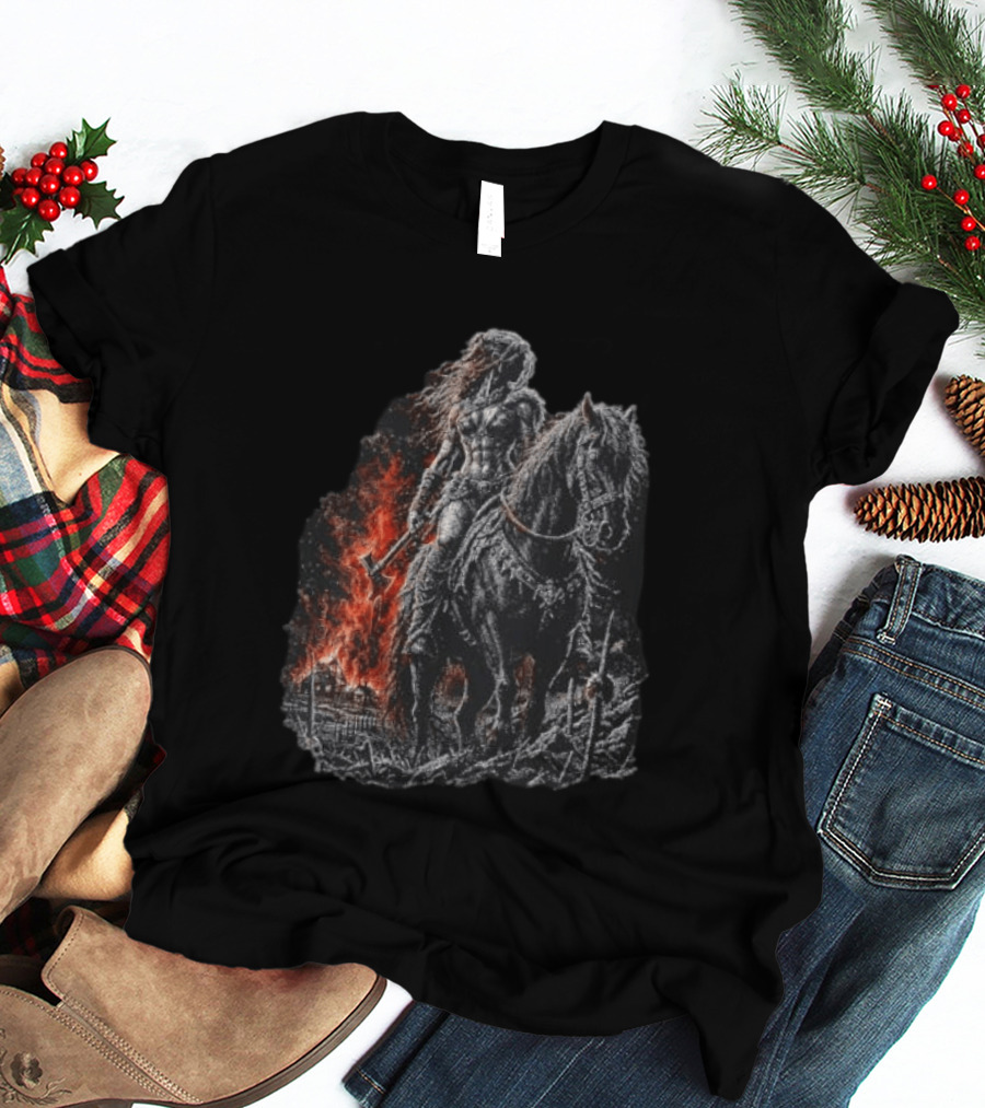 Barbarian Woman Dark Fantasy Warrior On Horseback With Axe And Fire T-Shirt