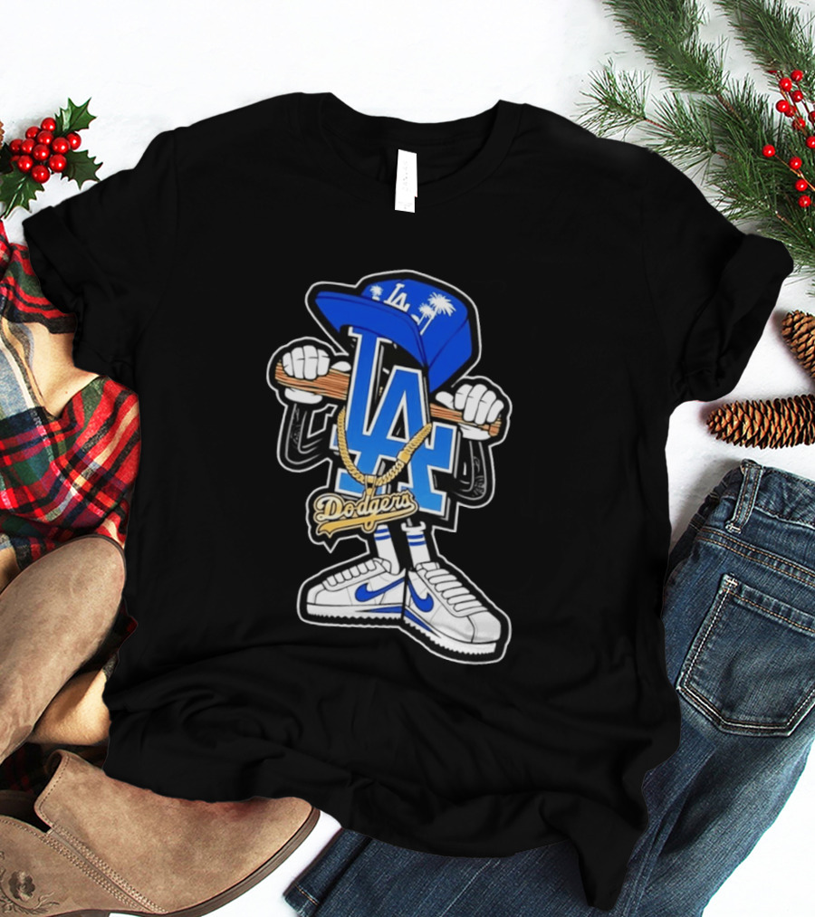 LA Dodgers Palm Trees Gold Chain With Blue Hat And Sneakers T-Shirt