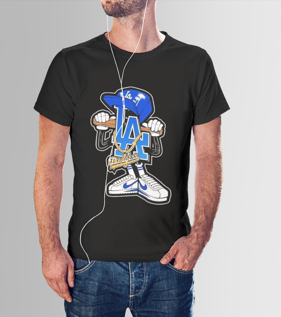 LA Dodgers Palm Trees Gold Chain With Blue Hat And Sneakers T-Shirt