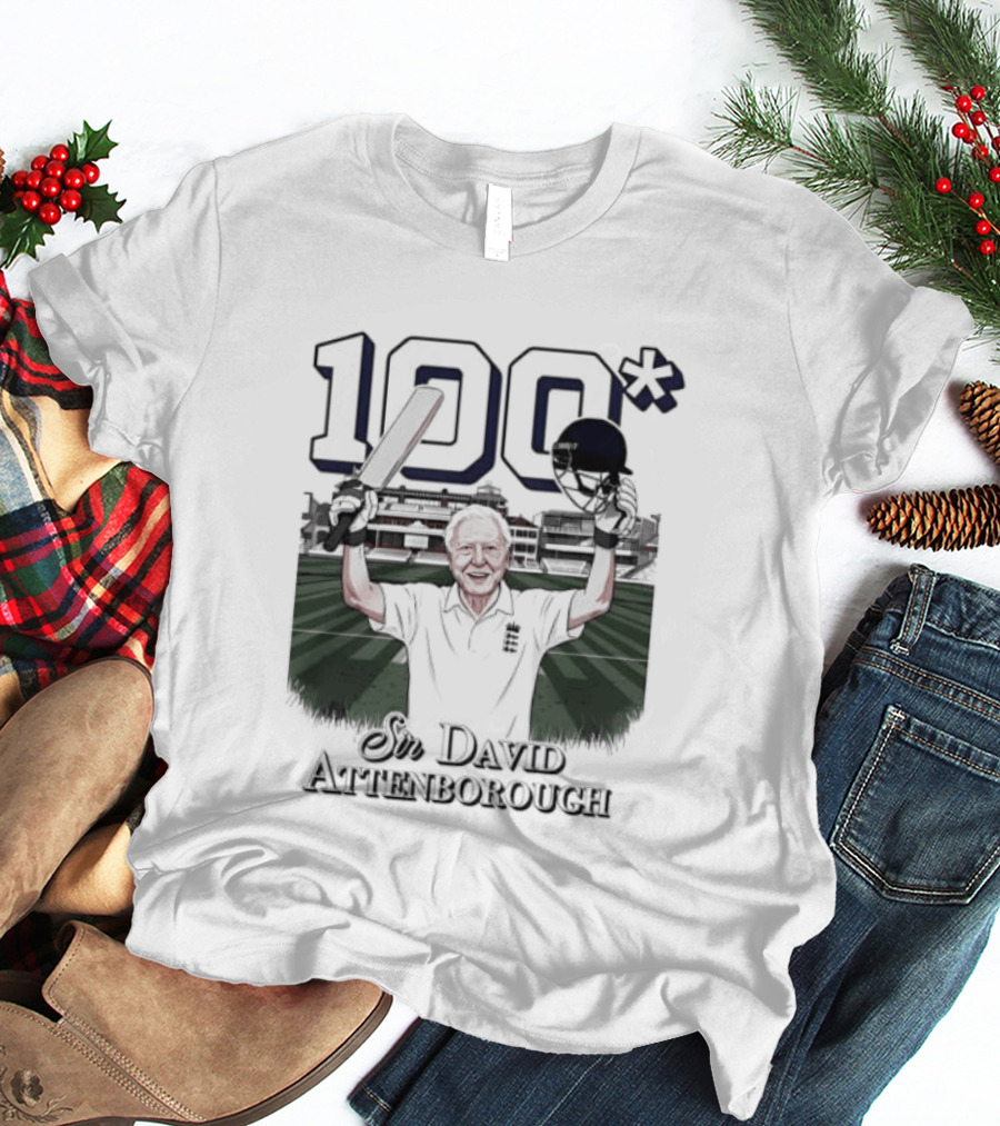 Sir David Attenborough 100 Celebration Cricket Bat And Helmet Raised T-Shirt