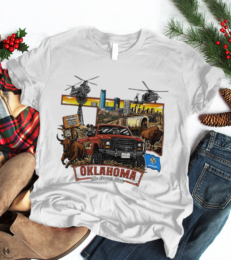Oklahoma The Sooner State Route 66 Buffalo Cityscape Helicopters T-Shirt