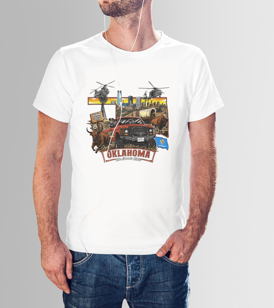 Oklahoma The Sooner State Route 66 Buffalo Cityscape Helicopters T-Shirt
