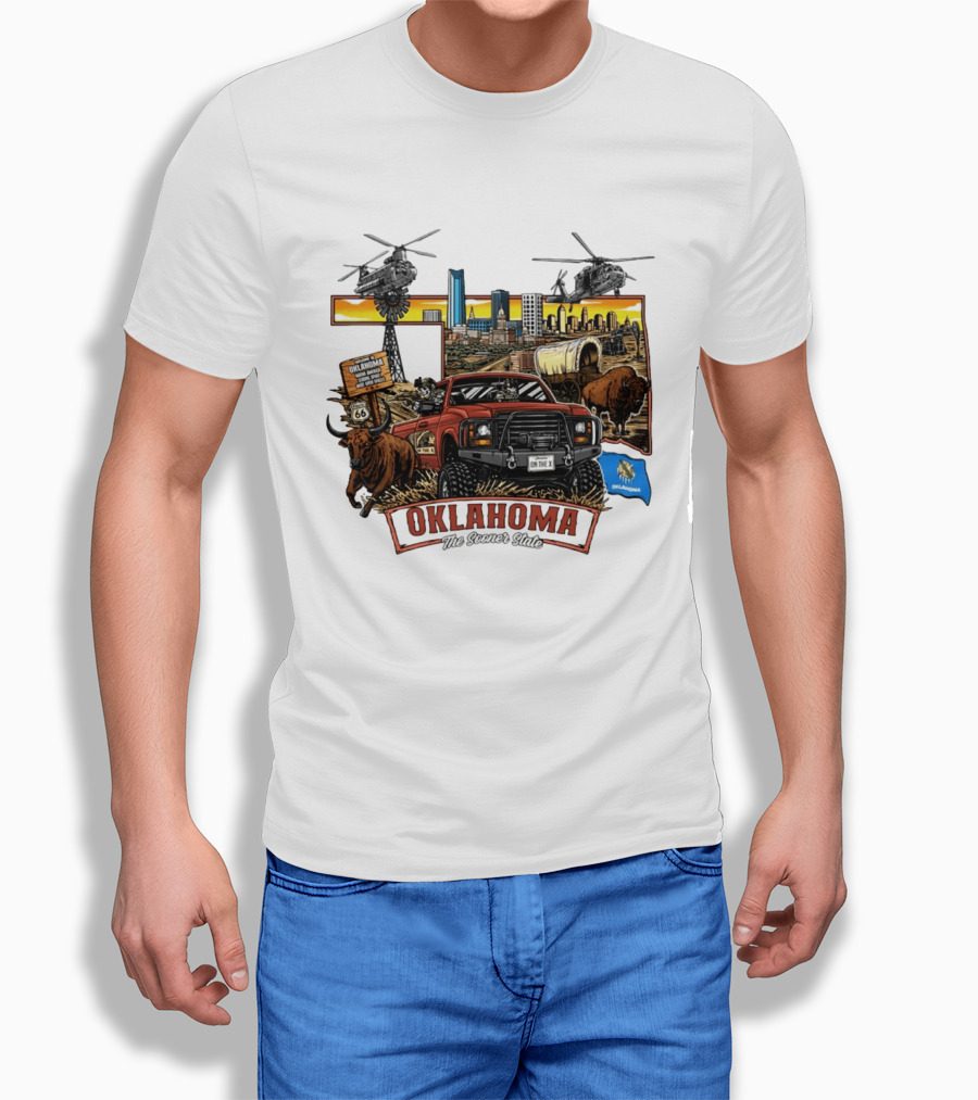 Oklahoma The Sooner State Route 66 Buffalo Cityscape Helicopters T-Shirt