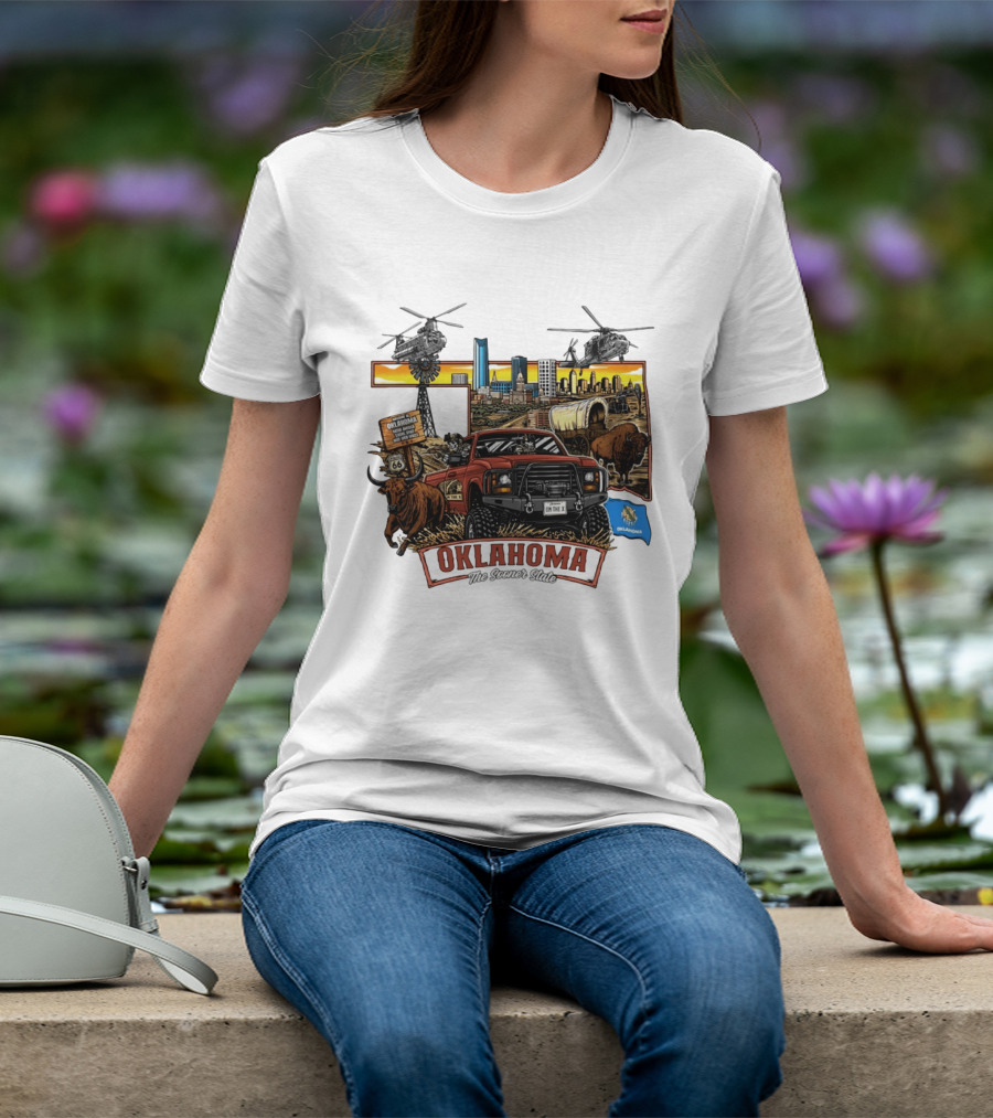 Oklahoma The Sooner State Route 66 Buffalo Cityscape Helicopters T-Shirt