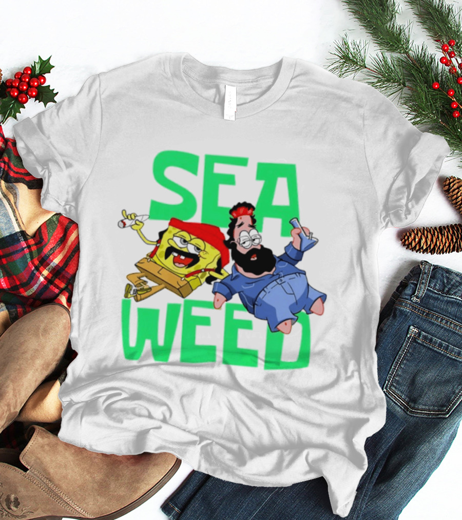 Sea Weed Sponge And Bearded Duo Cartoon Characters T-Shirt