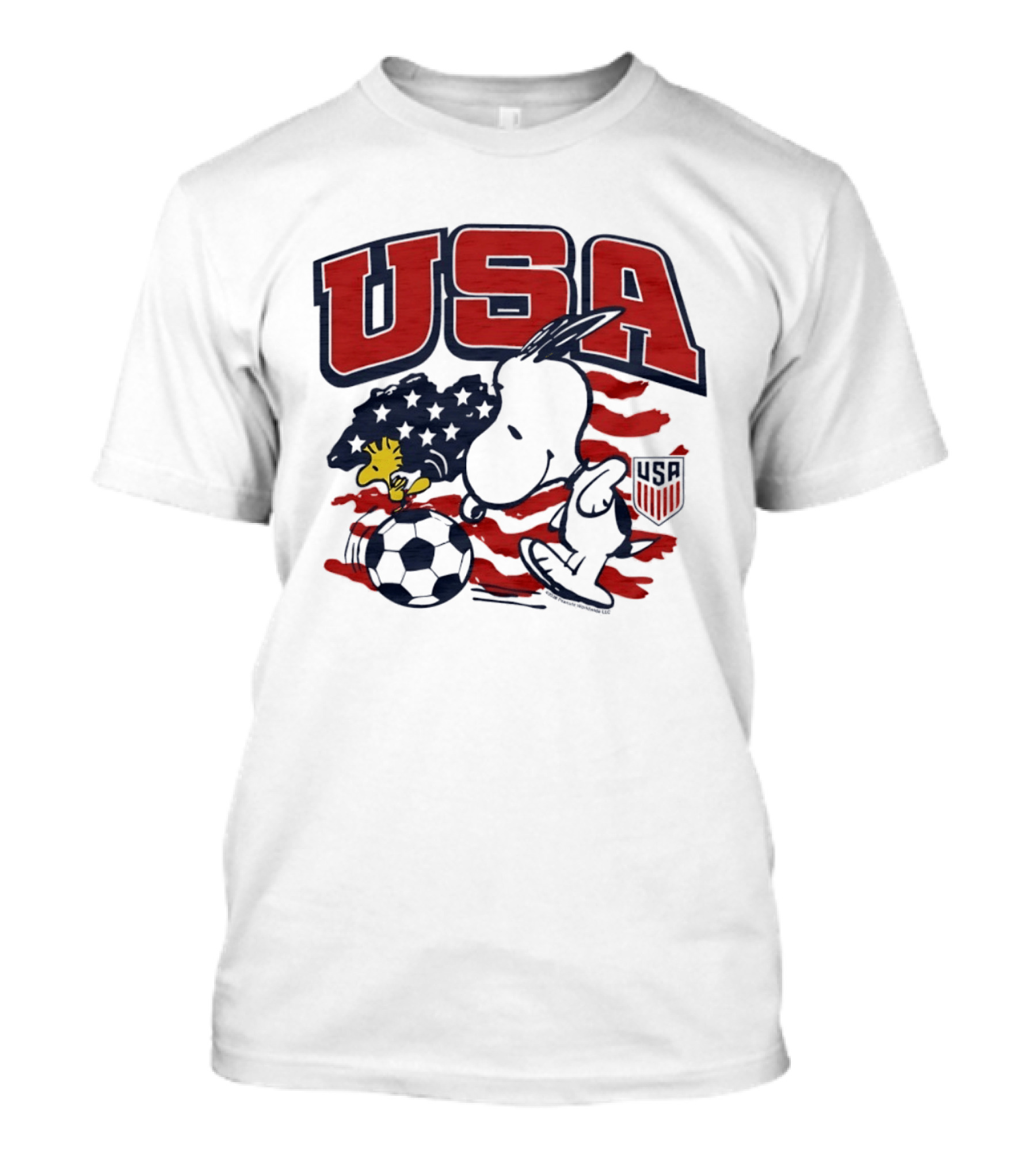 USA Soccer Snoopy And Woodstock Peanuts Characters With American Flag T-Shirt