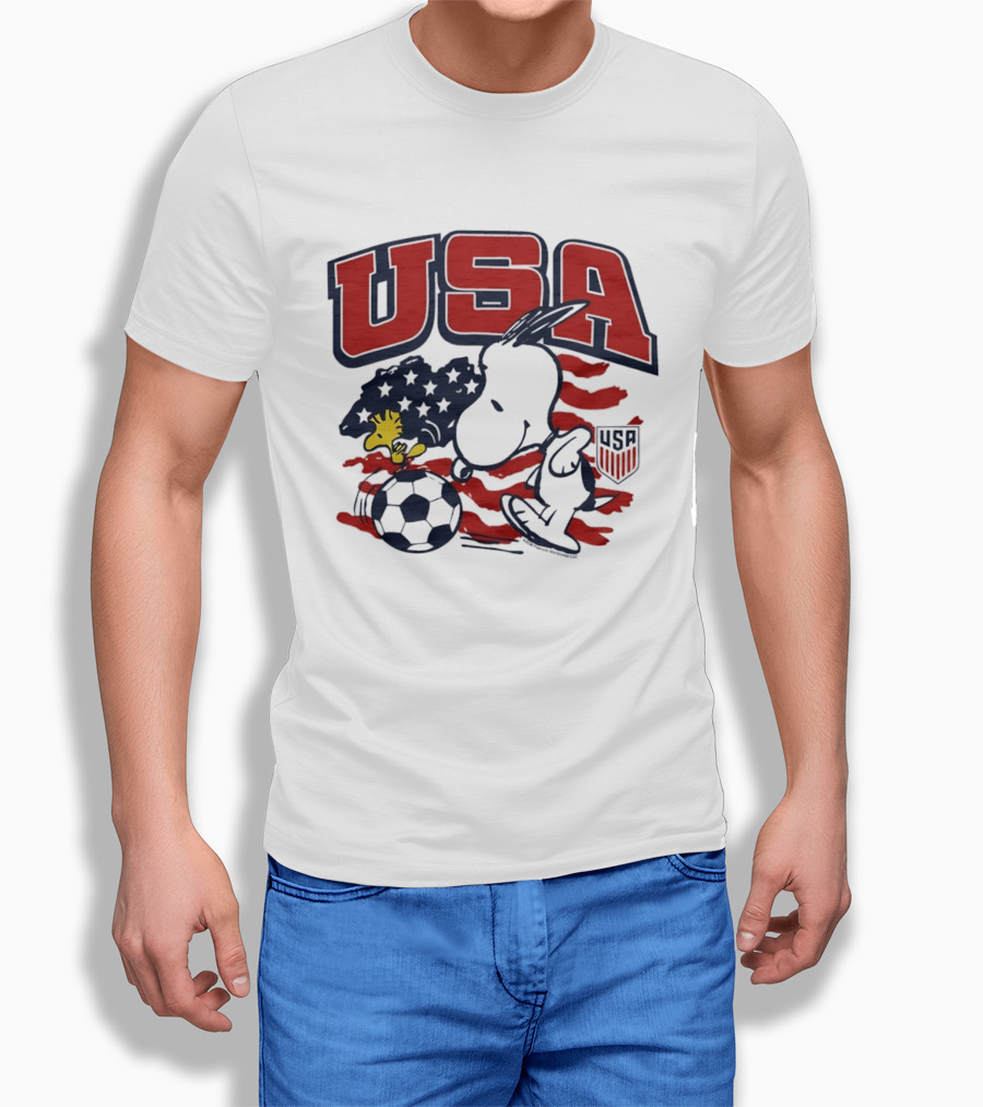 USA Soccer Snoopy And Woodstock Peanuts Characters With American Flag T-Shirt