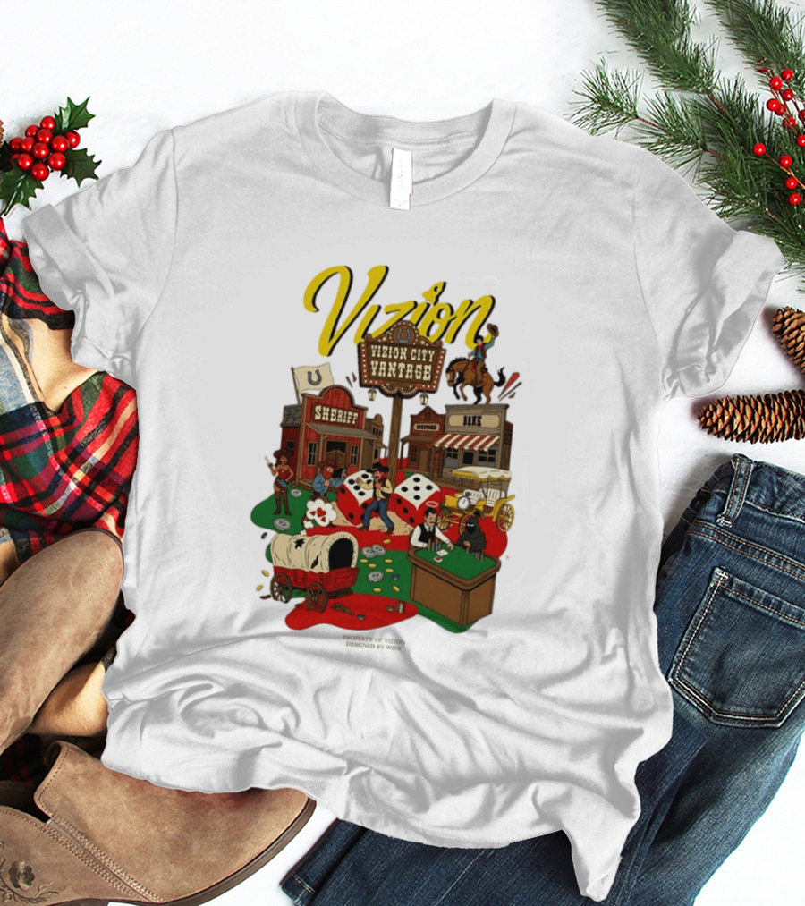 Vizion City Vantage Wild West Cowboy Town Dice Saloon Sheriff Wagon Horse T-Shirt