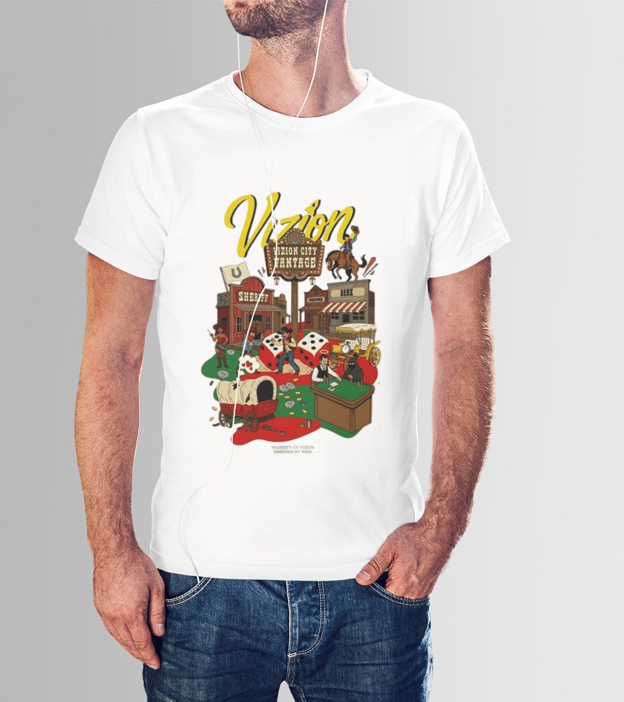 Vizion City Vantage Wild West Cowboy Town Dice Saloon Sheriff Wagon Horse T-Shirt