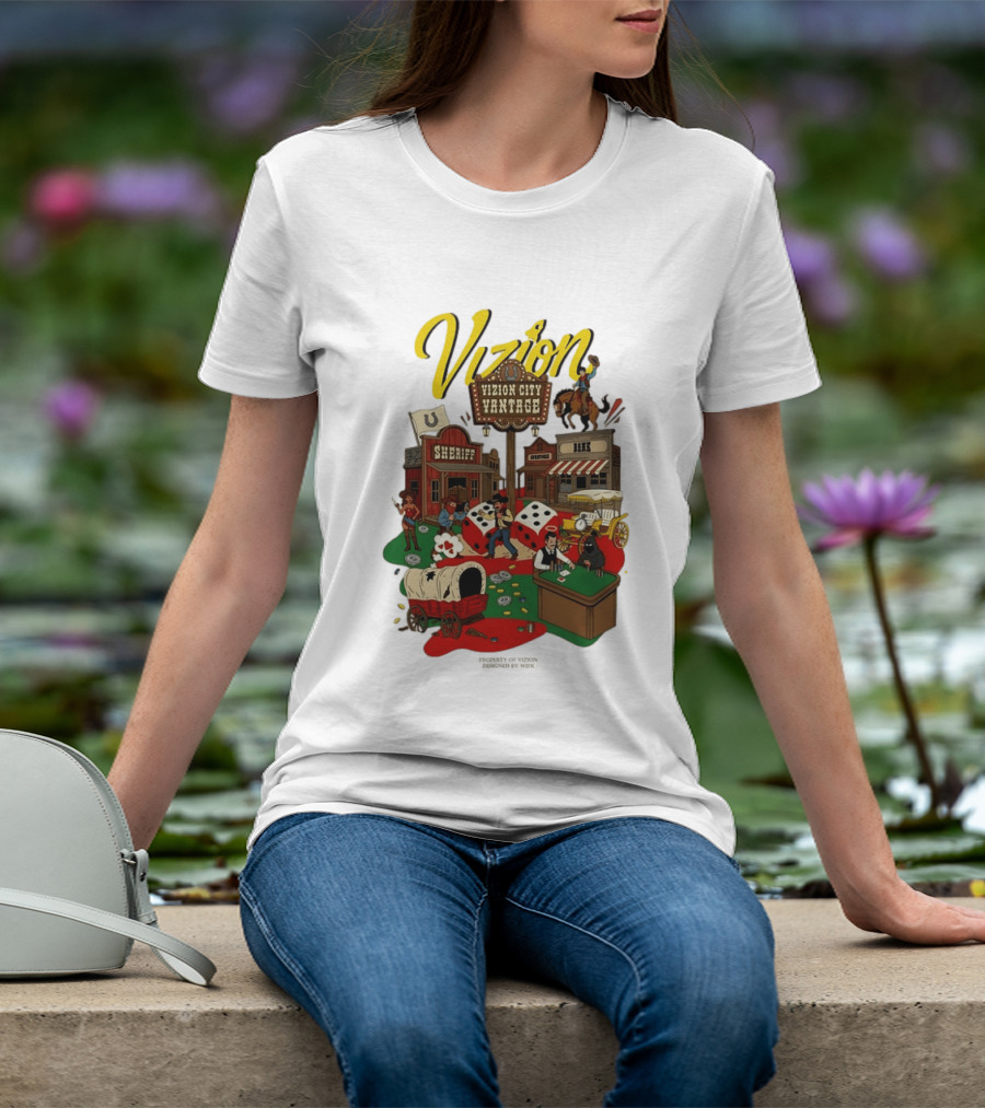 Vizion City Vantage Wild West Cowboy Town Dice Saloon Sheriff Wagon Horse T-Shirt