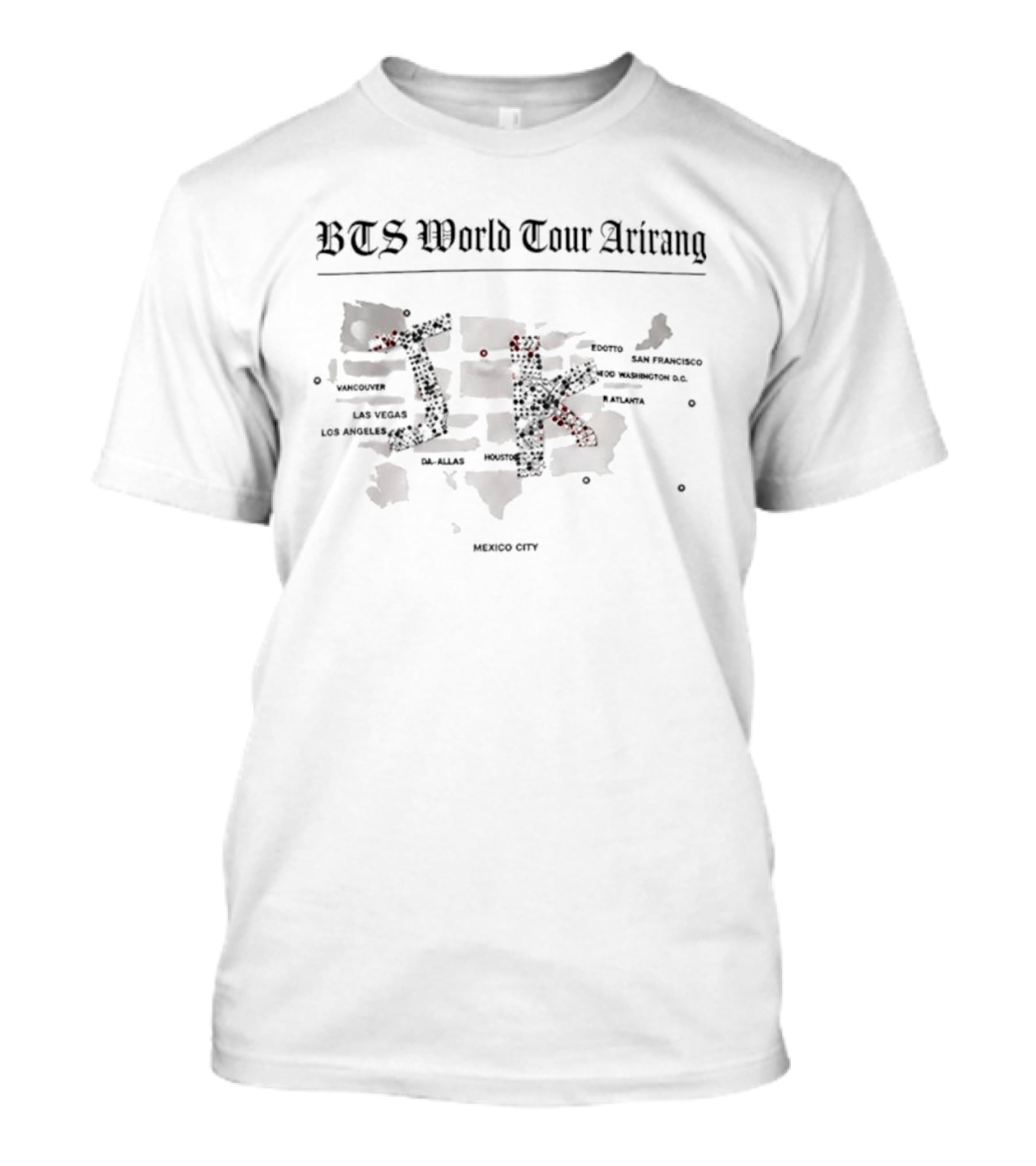 BTS World Tour Arirang JK 2026 Map Featuring Stanford Los Angeles Hollywood Dallas Chicago Miami T-Shirt
