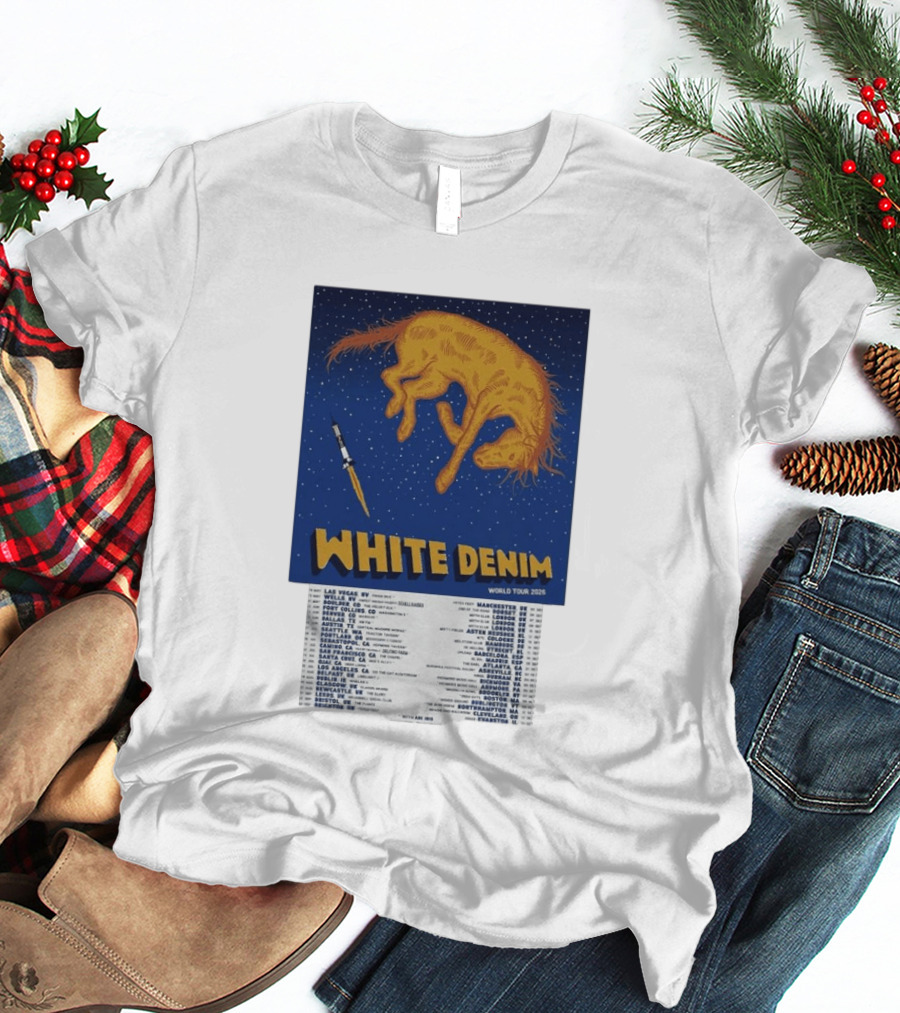 White Denim World Tour 2026 Tour Dates And Cities With Starry Night Horse Scene T-Shirt