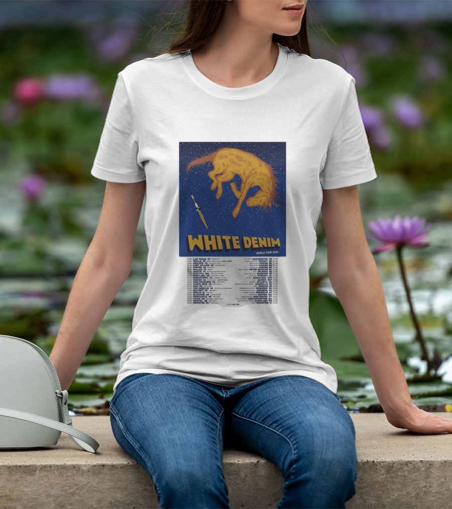 White Denim World Tour 2026 Tour Dates And Cities With Starry Night Horse Scene T-Shirt