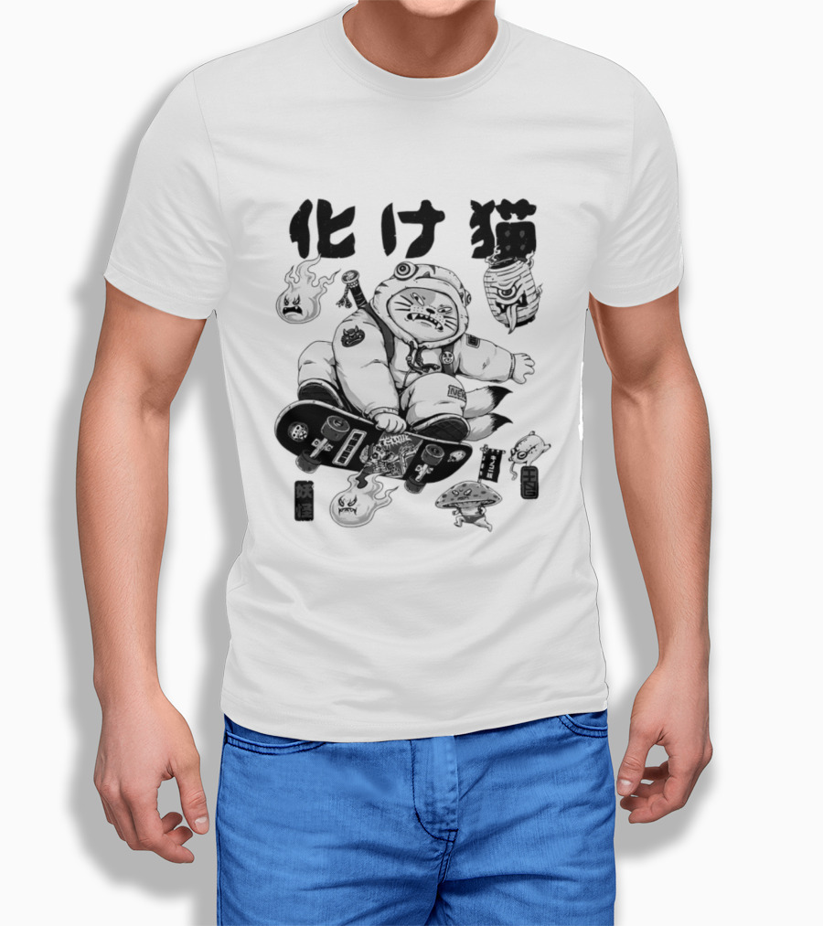 Bakeneko Gang Skateboarding Cat Demon Kanji T-Shirt
