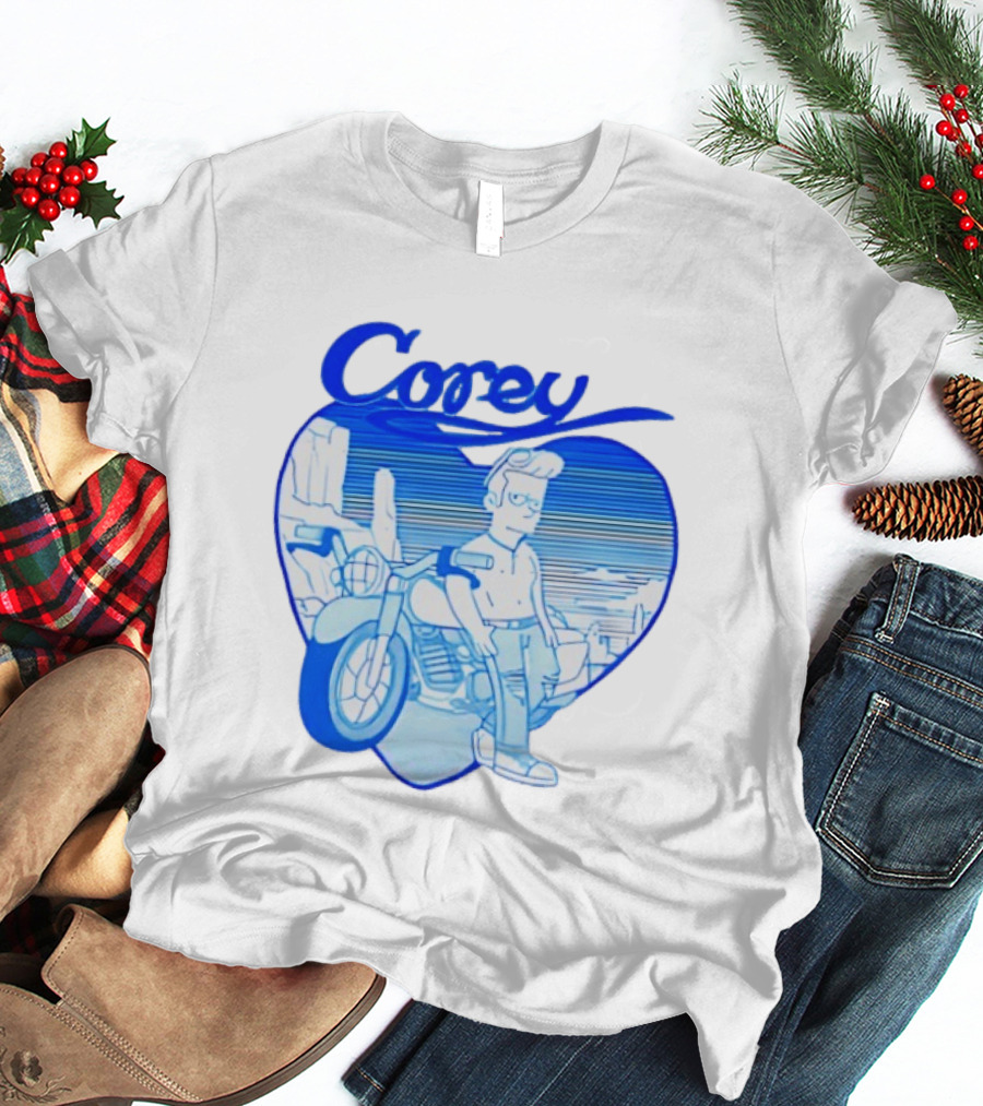 Corey Simpson Motorcycle In Heart Retro Cartoon Style With Blue Desert T-Shirt