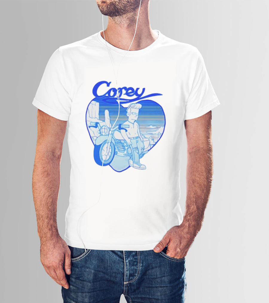 Corey Simpson Motorcycle In Heart Retro Cartoon Style With Blue Desert T-Shirt