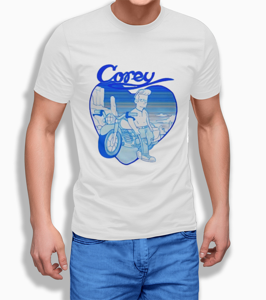 Corey Simpson Motorcycle In Heart Retro Cartoon Style With Blue Desert T-Shirt