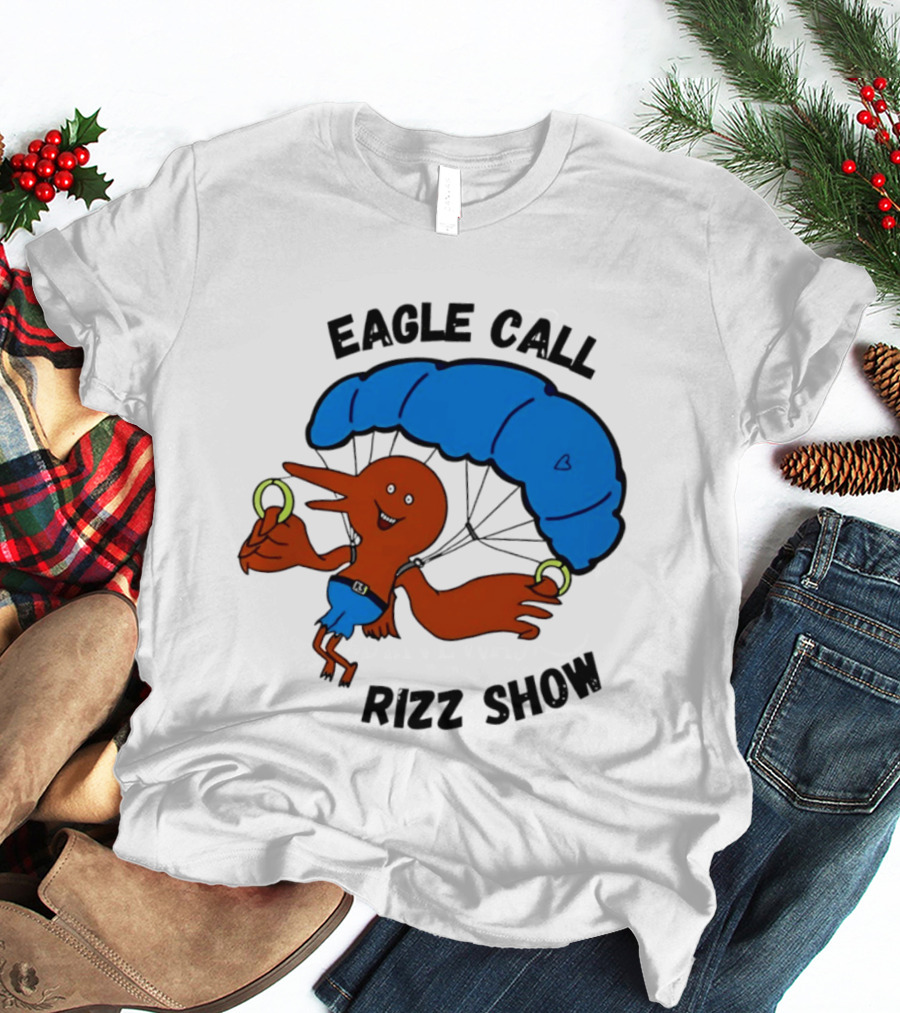 Eagle Call Rizz Show Parachuting Bird Character With Blue Canopy T-Shirt
