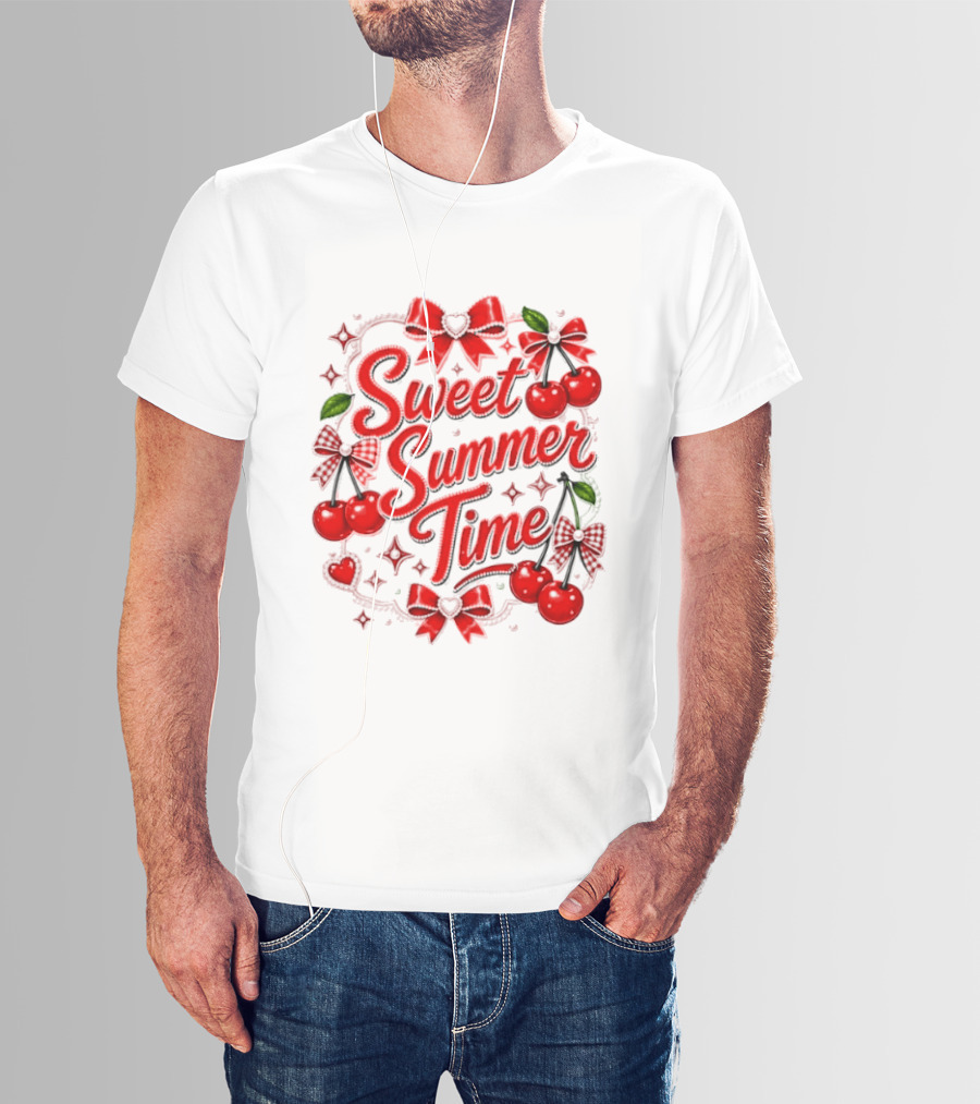 Sweet Summer Time Cherry Pearl Ribbon Hearts Bows T-Shirt