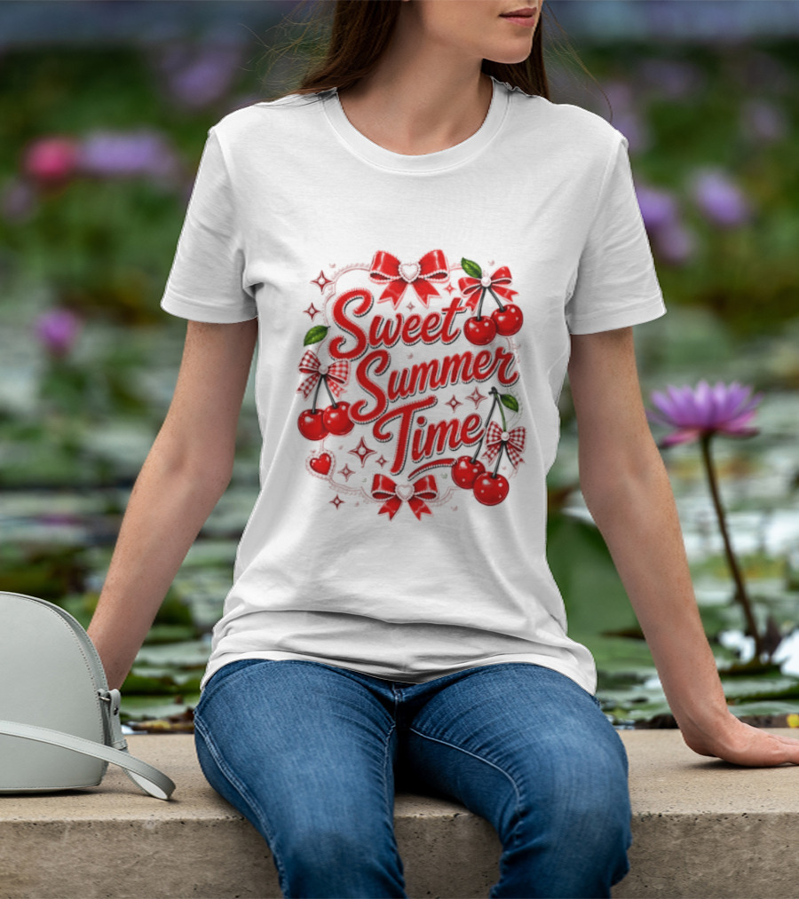 Sweet Summer Time Cherry Pearl Ribbon Hearts Bows T-Shirt