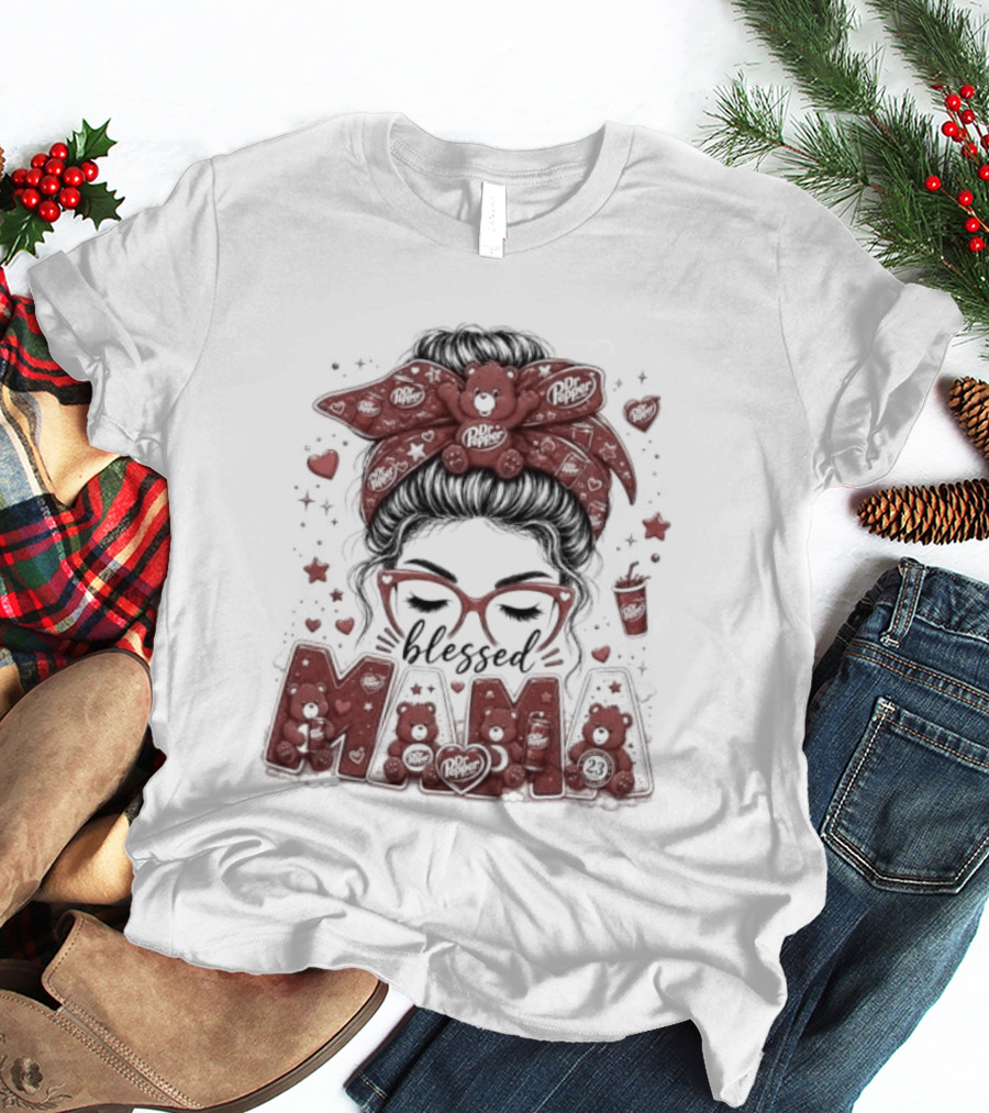 Messy Bun Dr Pepper Blessed Mama Glasses And Bandana T-Shirt