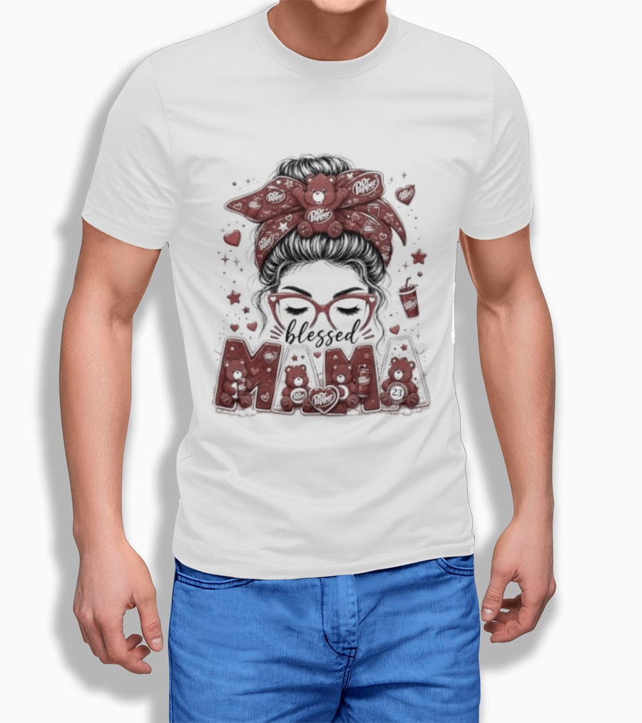 Messy Bun Dr Pepper Blessed Mama Glasses And Bandana T-Shirt