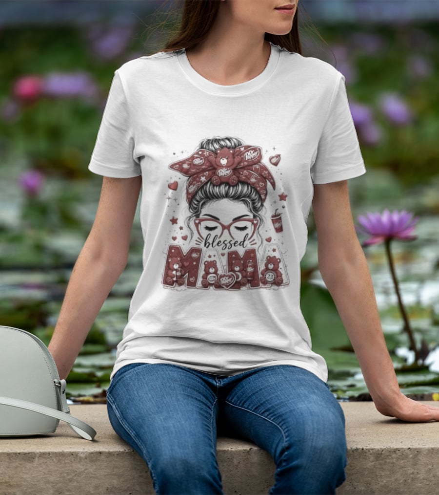 Messy Bun Dr Pepper Blessed Mama Glasses And Bandana T-Shirt