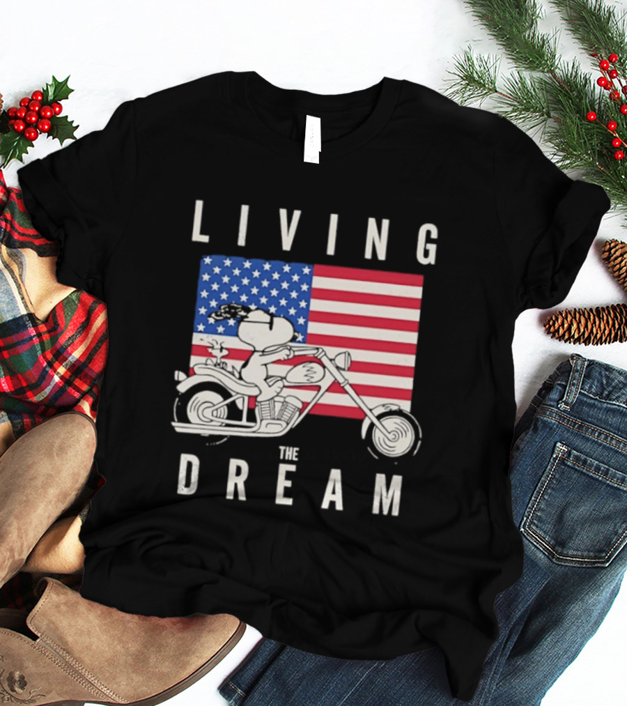Living The Dream Snoopy Woodstock Motorcycle American Flag Peanuts T-Shirt