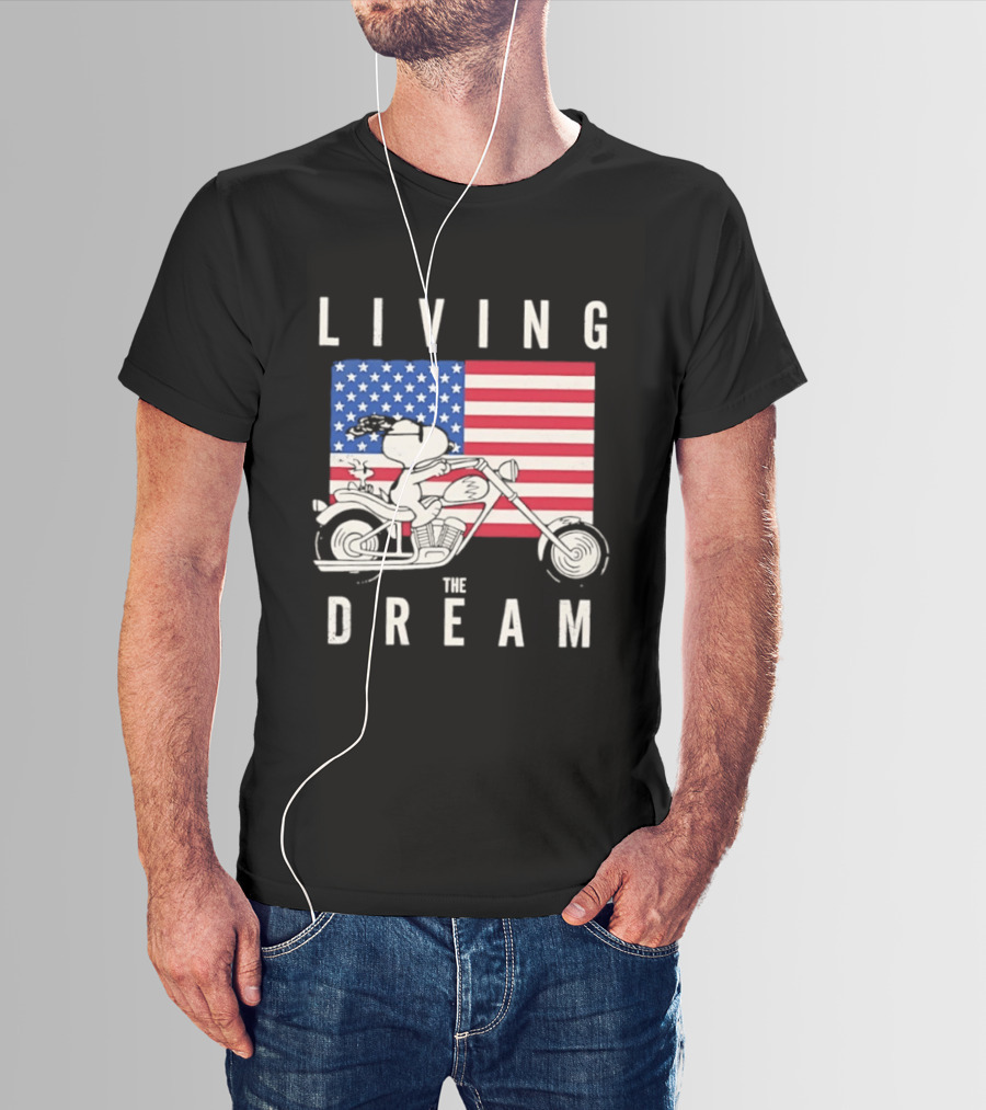 Living The Dream Snoopy Woodstock Motorcycle American Flag Peanuts T-Shirt