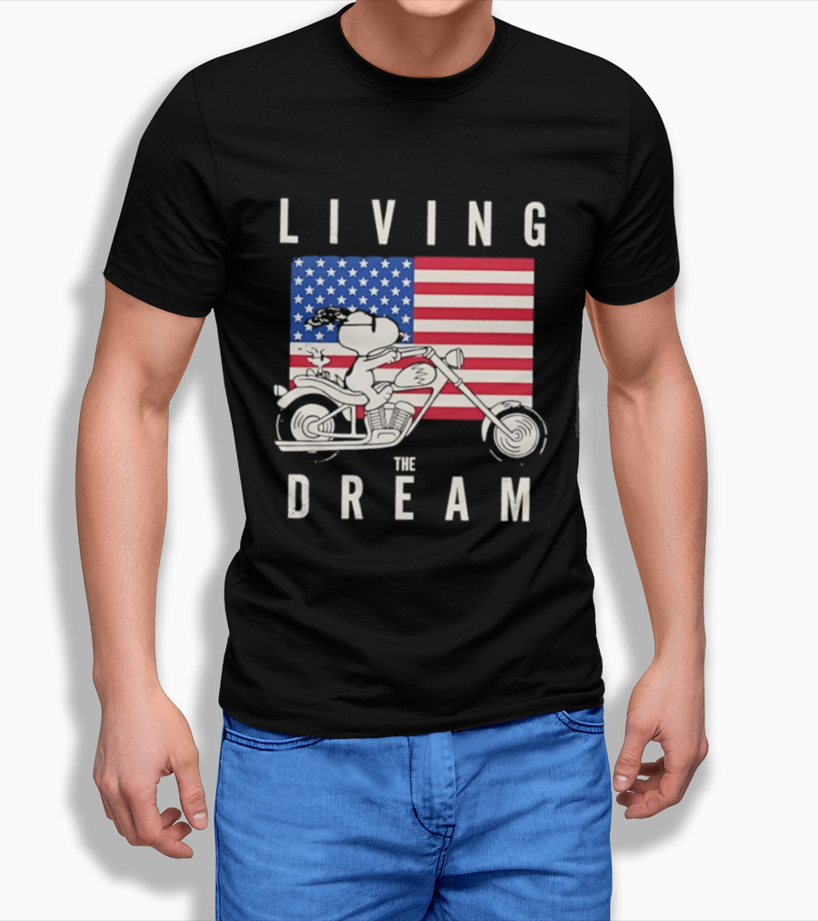 Living The Dream Snoopy Woodstock Motorcycle American Flag Peanuts T-Shirt