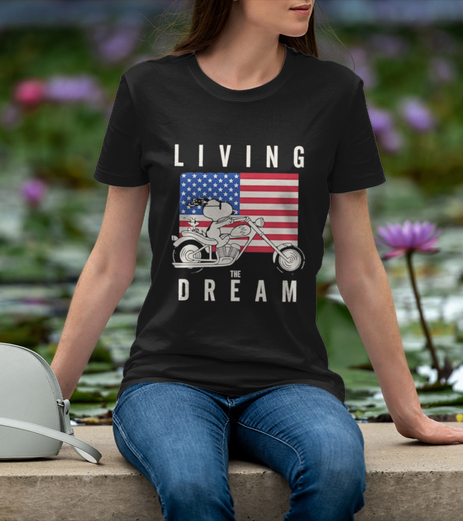 Living The Dream Snoopy Woodstock Motorcycle American Flag Peanuts T-Shirt