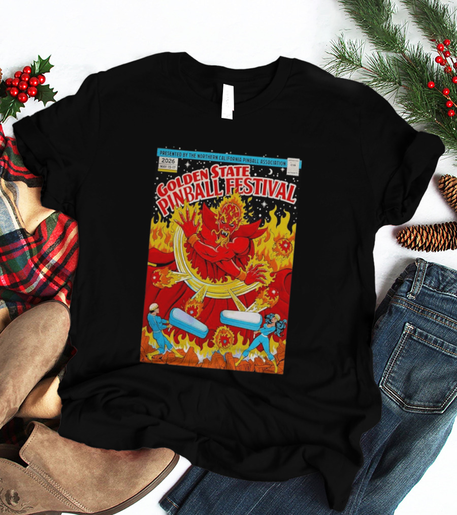 Golden State Pinball Festival Northern California May 2026 Fire Demon Battle T-Shirt