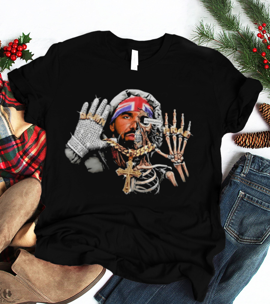 Damn Pray Skeleton Half Face Union Jack Diamond Glove Cross Necklace T-Shirt