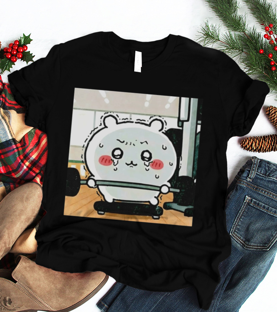 Chiikawa Usagi Exercising Gym Scene Cute Cartoon Character Training T-Shirt