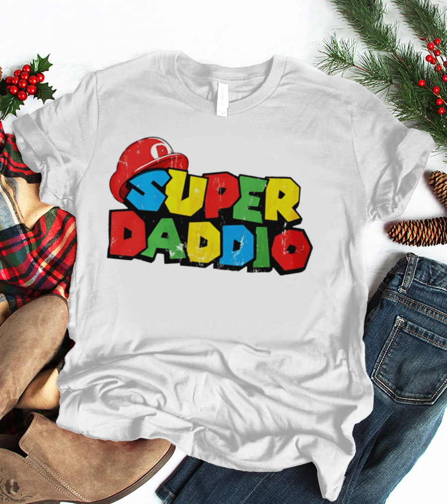 Super Daddio Mario Cartoon Colorful Text With Red Hat T-Shirt