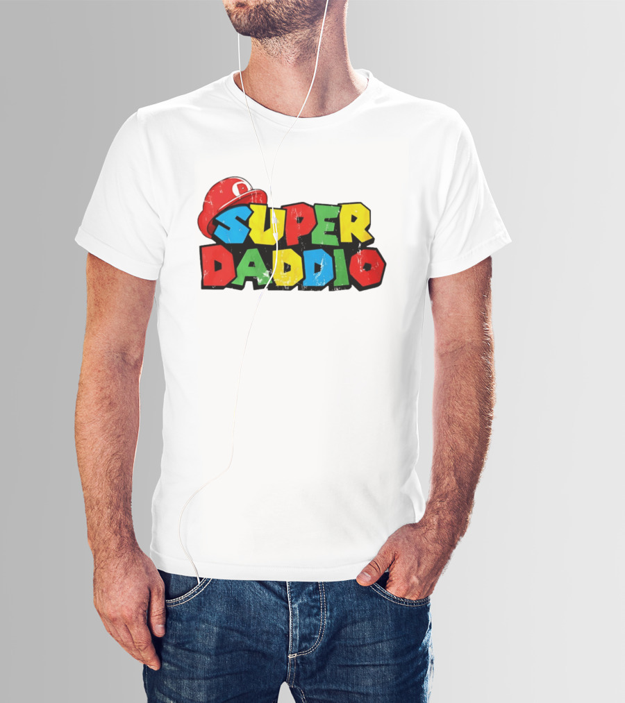 Super Daddio Mario Cartoon Colorful Text With Red Hat T-Shirt