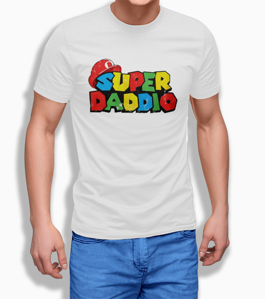 Super Daddio Mario Cartoon Colorful Text With Red Hat T-Shirt