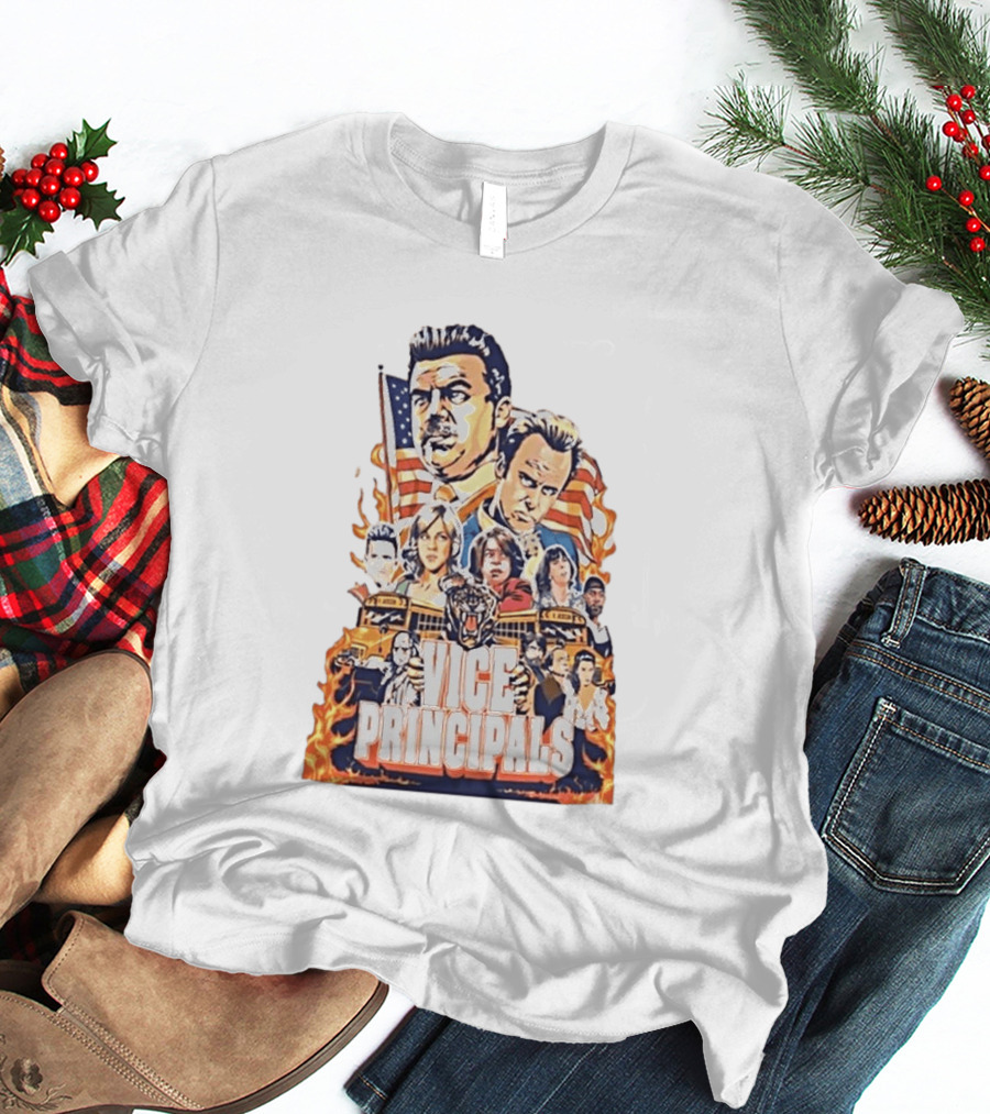 Vice Principals TV Show Cast Collage With School Bus And American Flag T-Shirt