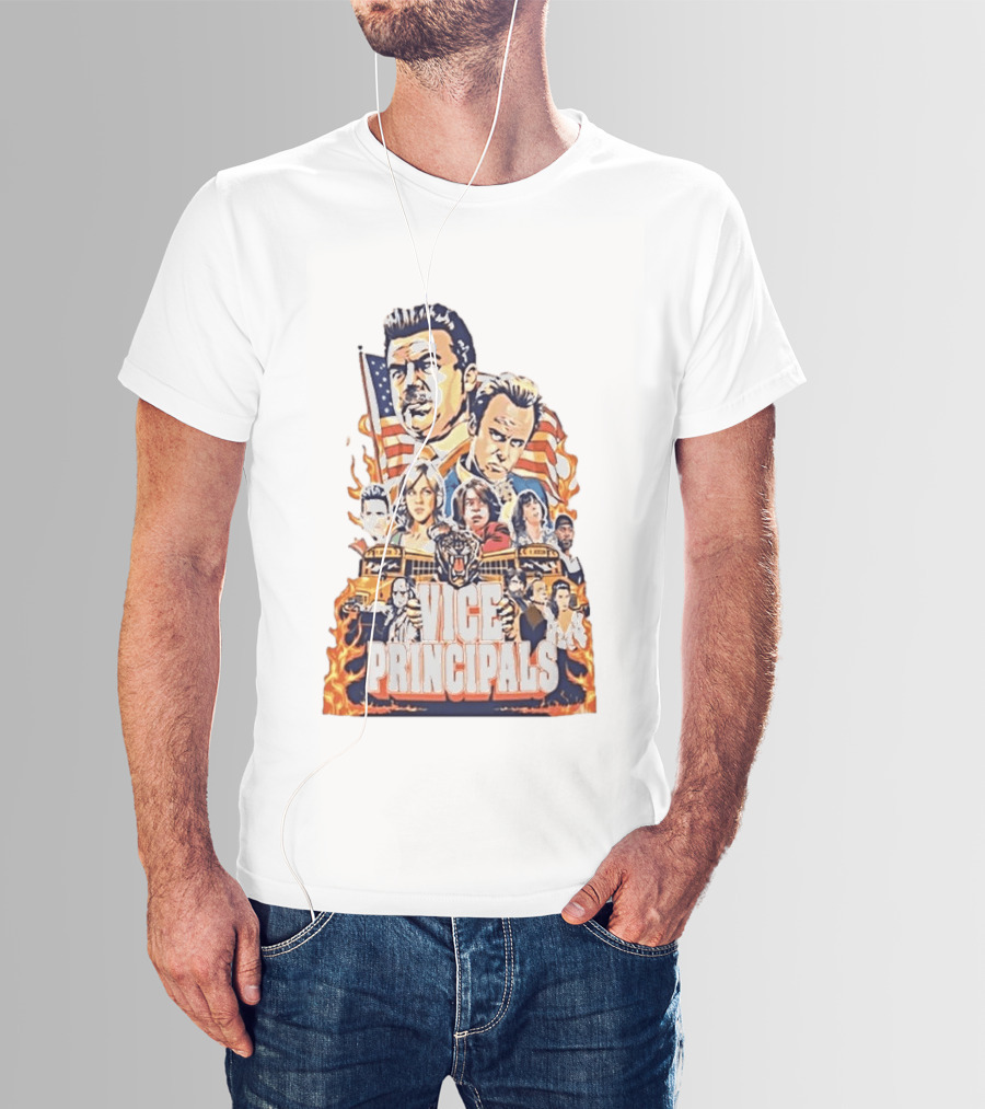 Vice Principals TV Show Cast Collage With School Bus And American Flag T-Shirt