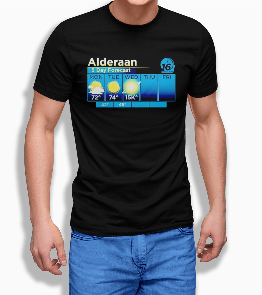 Alderaan 5 Day Forecast Weather Channel Sci Fi Parody 15K Degrees Mon Thu Fri T-Shirt