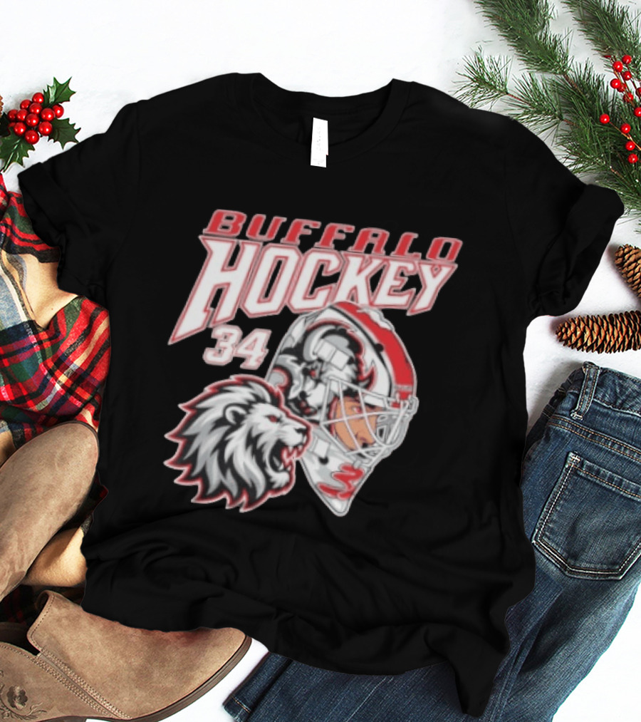 Buffalo Hockey 34 Alex Lyon Lion Graphic With Hockey Helmet T-Shirt