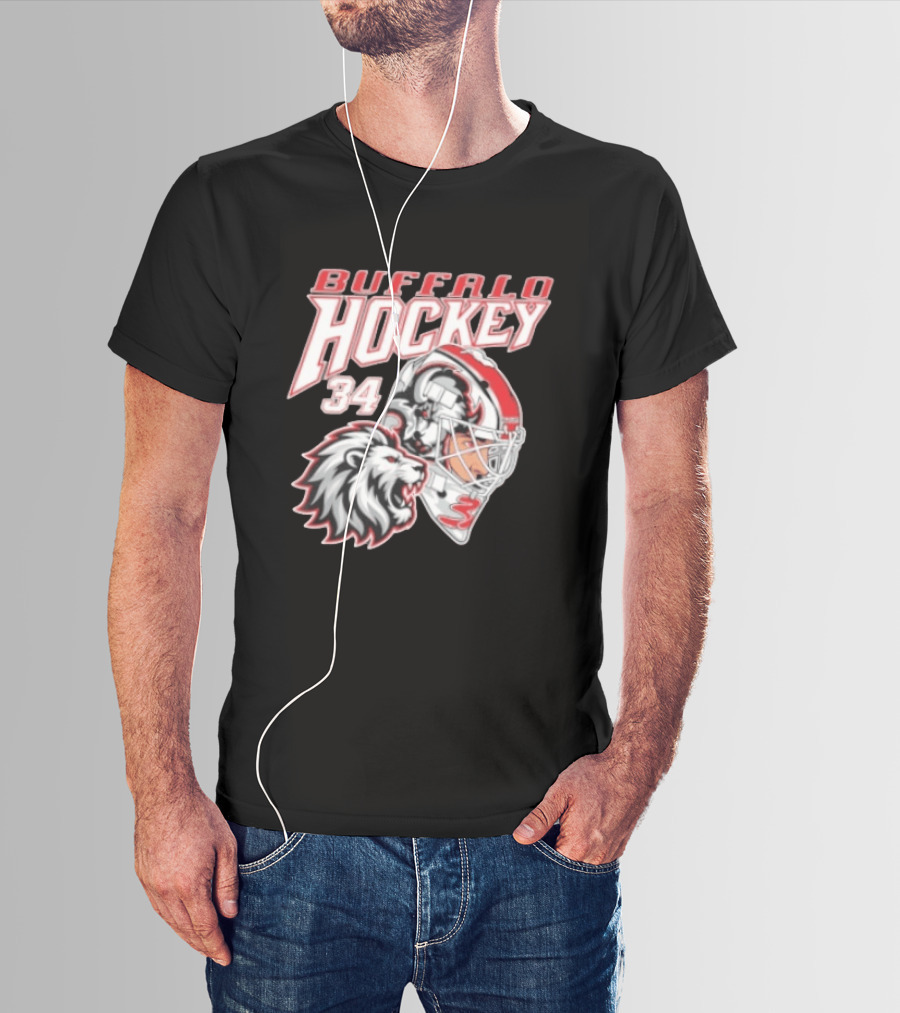 Buffalo Hockey 34 Alex Lyon Lion Graphic With Hockey Helmet T-Shirt