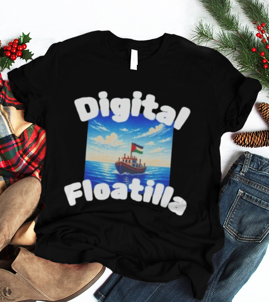 Digital Floatilla Boat With Flag On Ocean Waves T-Shirt