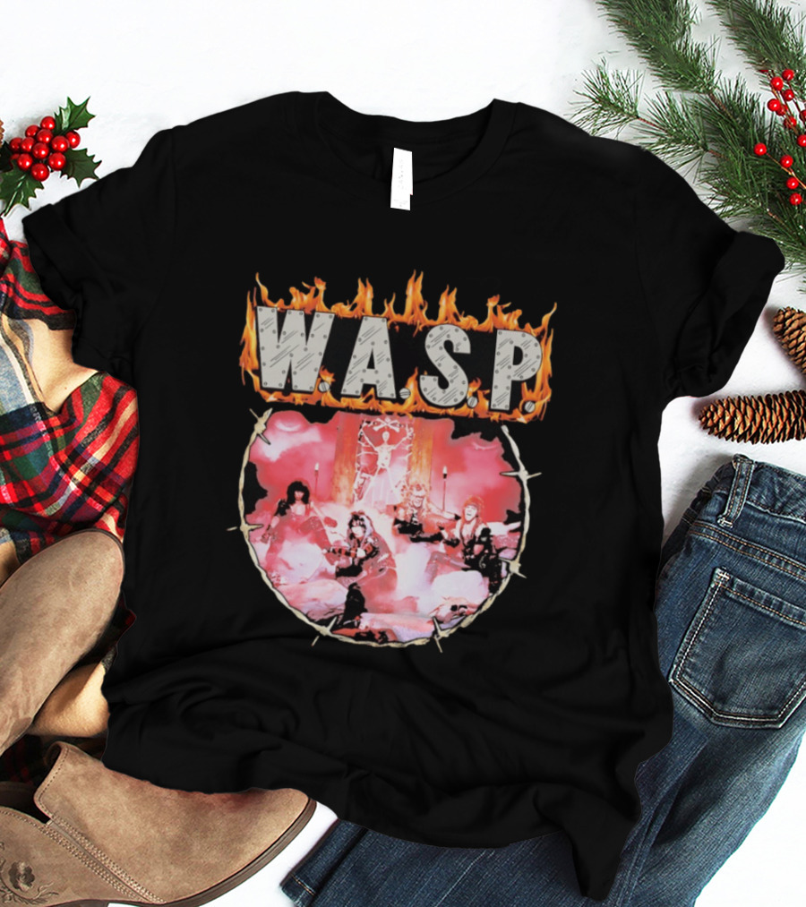 W.A.S.P. Band Fire With Group Photo And Flaming T-Shirt