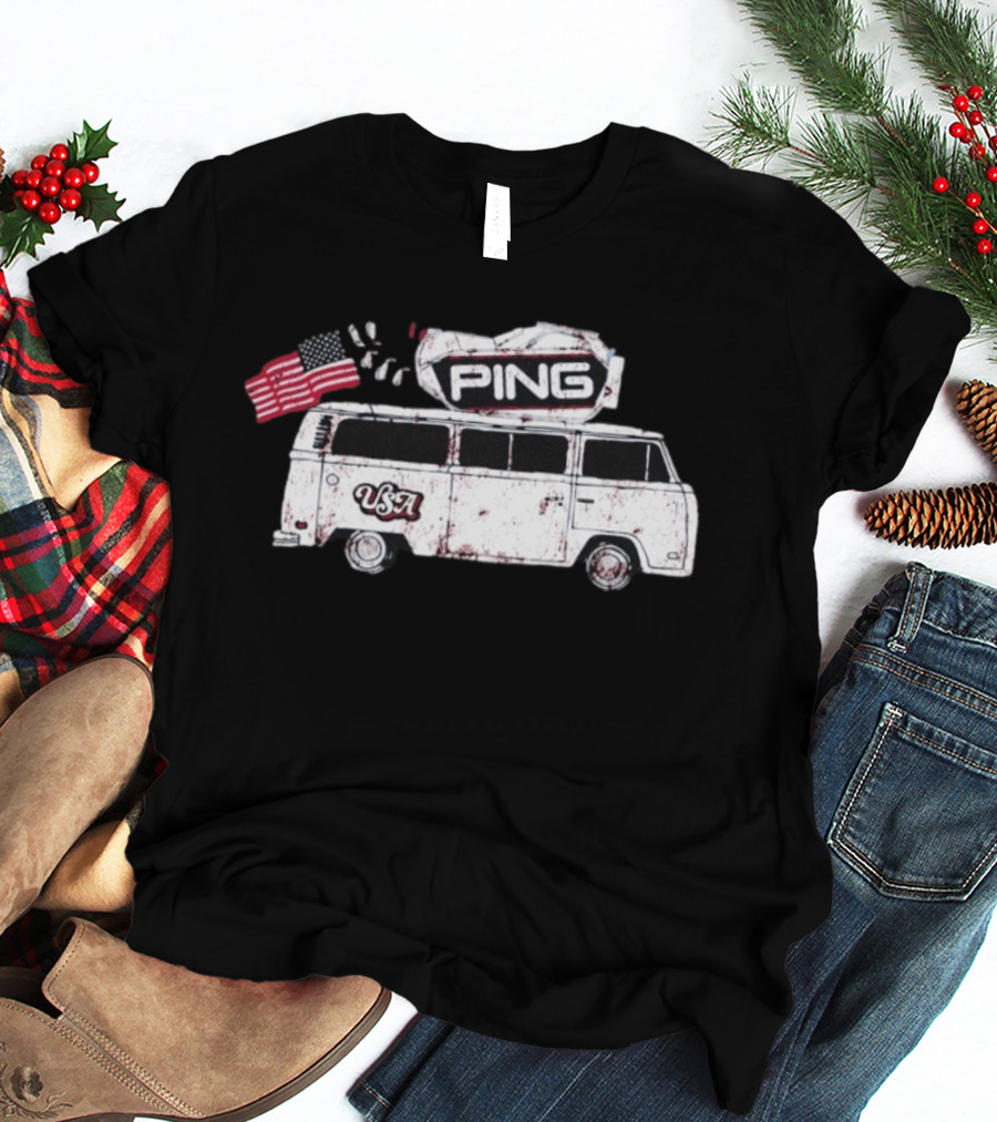 Ping USA Vintage Bus With American Flag And Surfboard T-Shirt