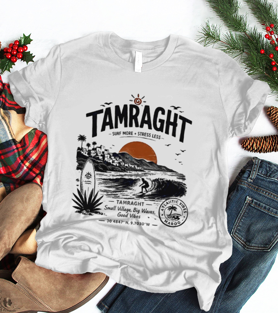 Tamraght Surf More Stress Less 2026 Sunset Palm Trees Good Vibes Agadir Coordinates T-Shirt