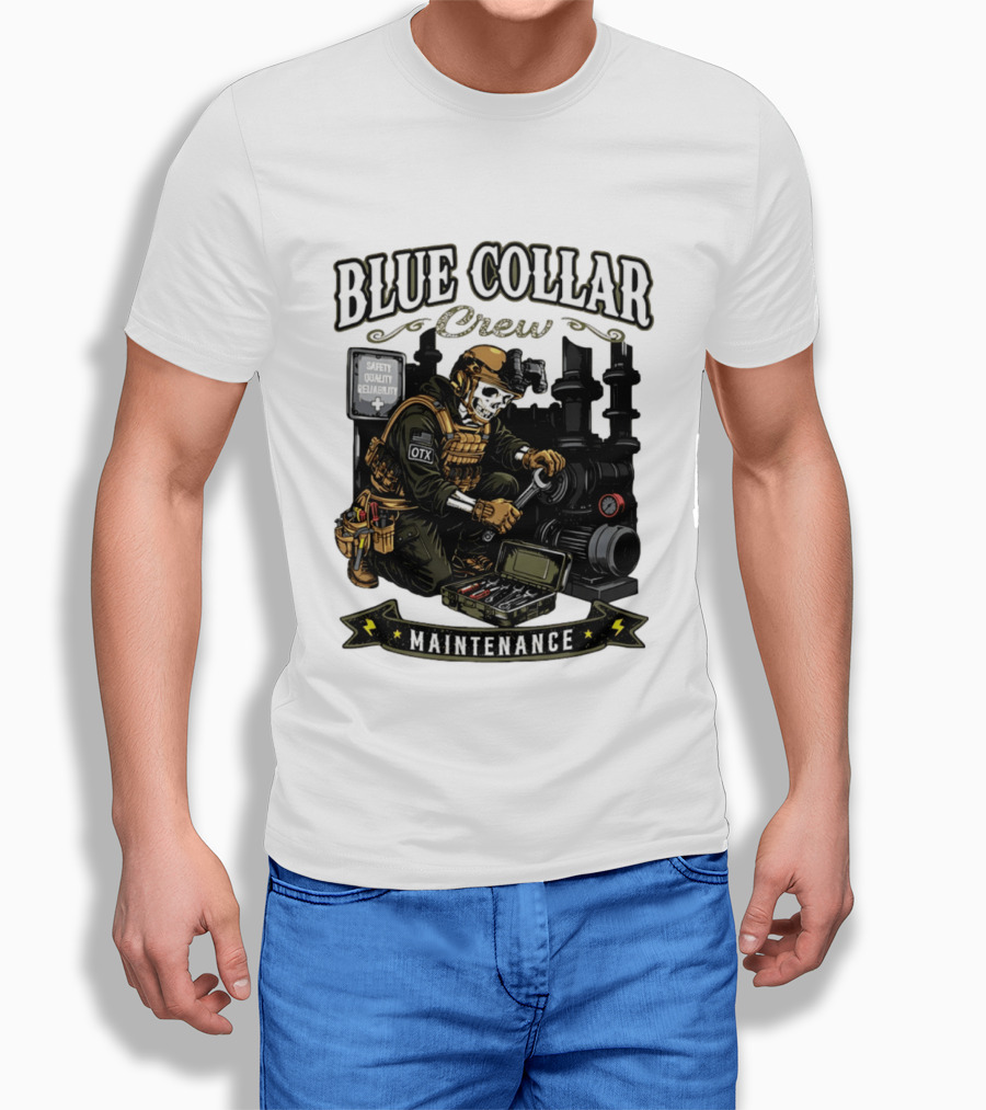 Blue Collar Crew Maintenance Skeleton Safety Quality Reliability T-Shirt
