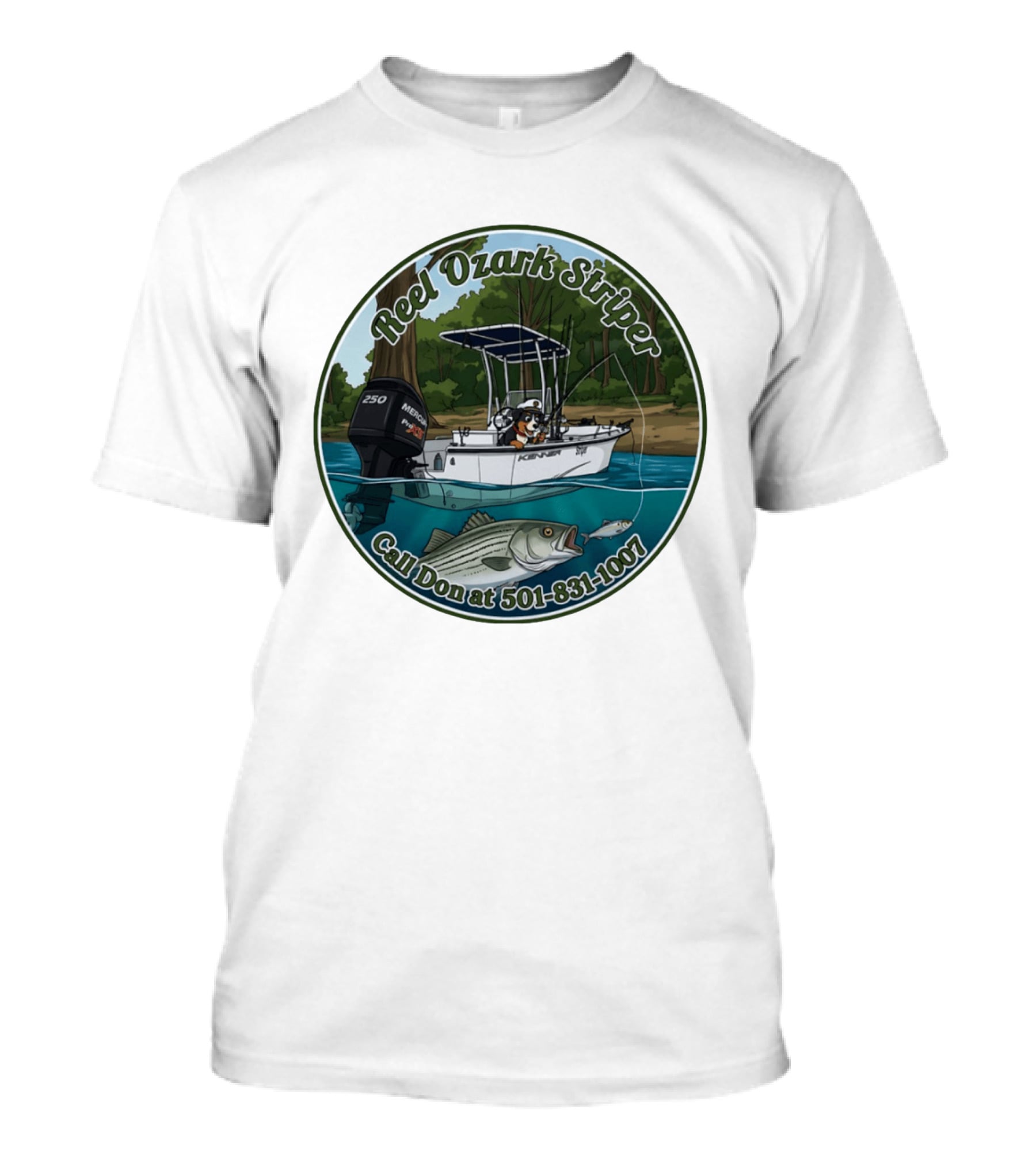 Reel Ozark Striper Call Don At 501 831 1007 Fishing Boat And Bass T-Shirt