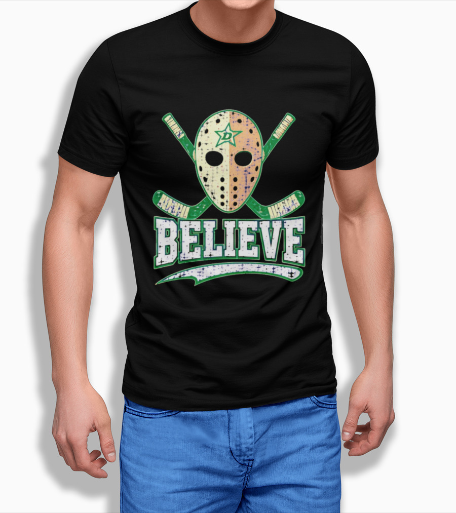 Dallas Stars Believe Hockey Mask Crossed Sticks T-Shirt